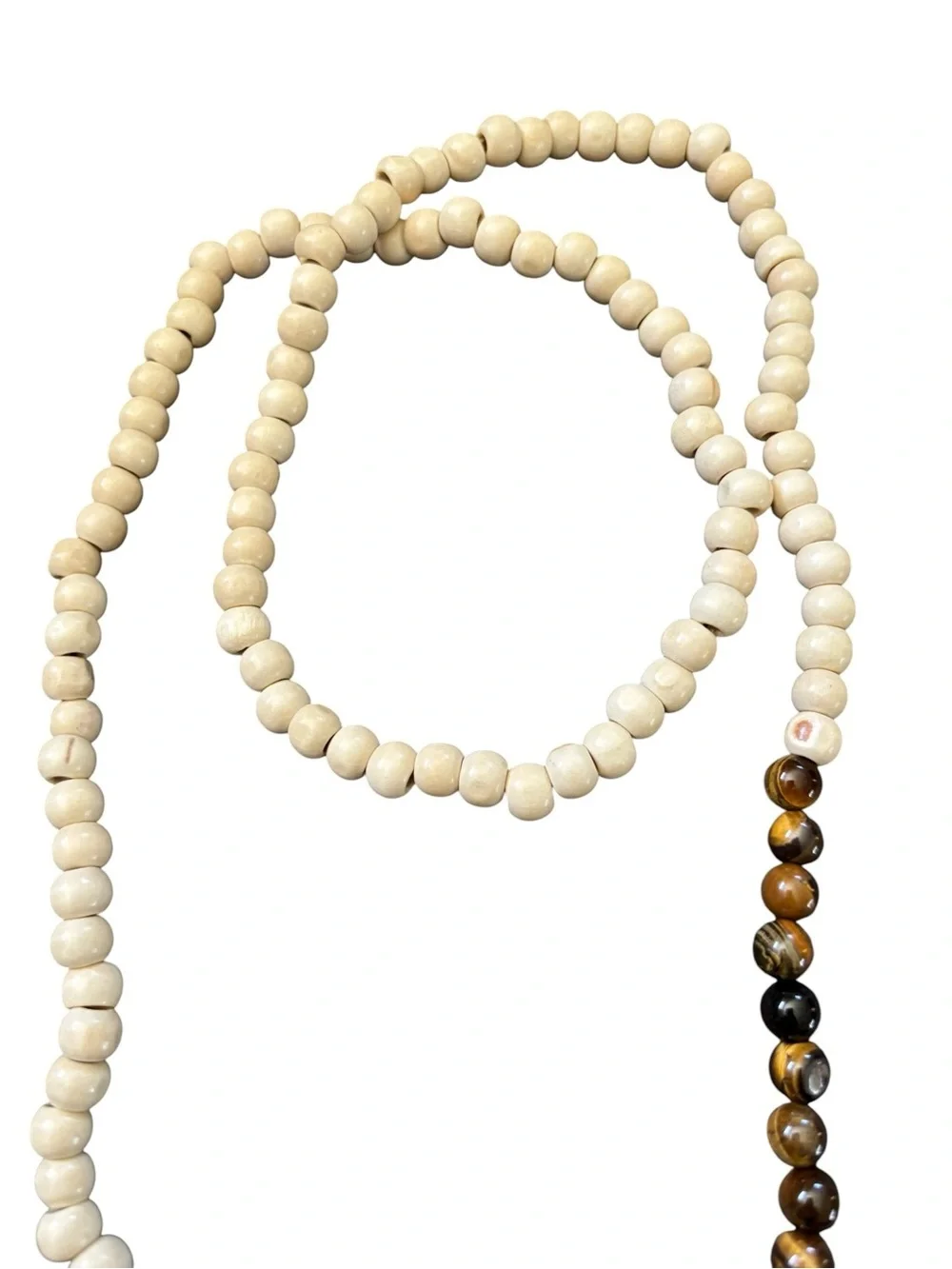 Hand Beaded 20” Ivory & Tortoise Beaded Necklace With Tassel Unisex
